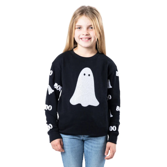 Girls Boo Sequin Ghost Halloween Crew Neck Sweatshirt – Black