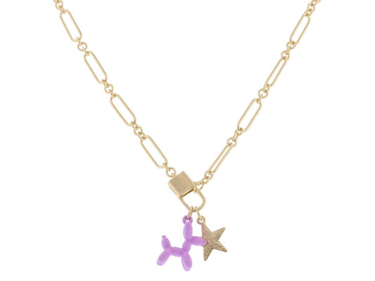 Kids 14" Gold Lobster Claw, Lavender Dipped Balloon Dog, Gold Hammered Star Necklace