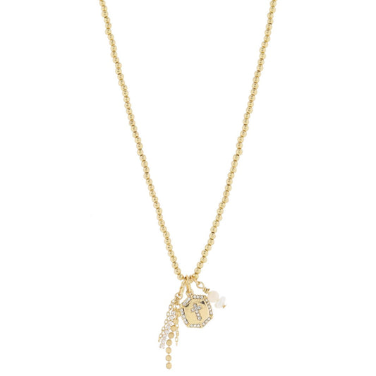 Danica Cross Charm Necklace – Gold Ball Beads, Pearl & Tassel Accents (16")