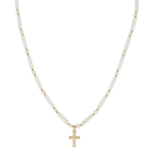 Drew Cross Necklace – Iridescent Shell Beads & Hammered Gold Pendant (16" + 3" Extender)