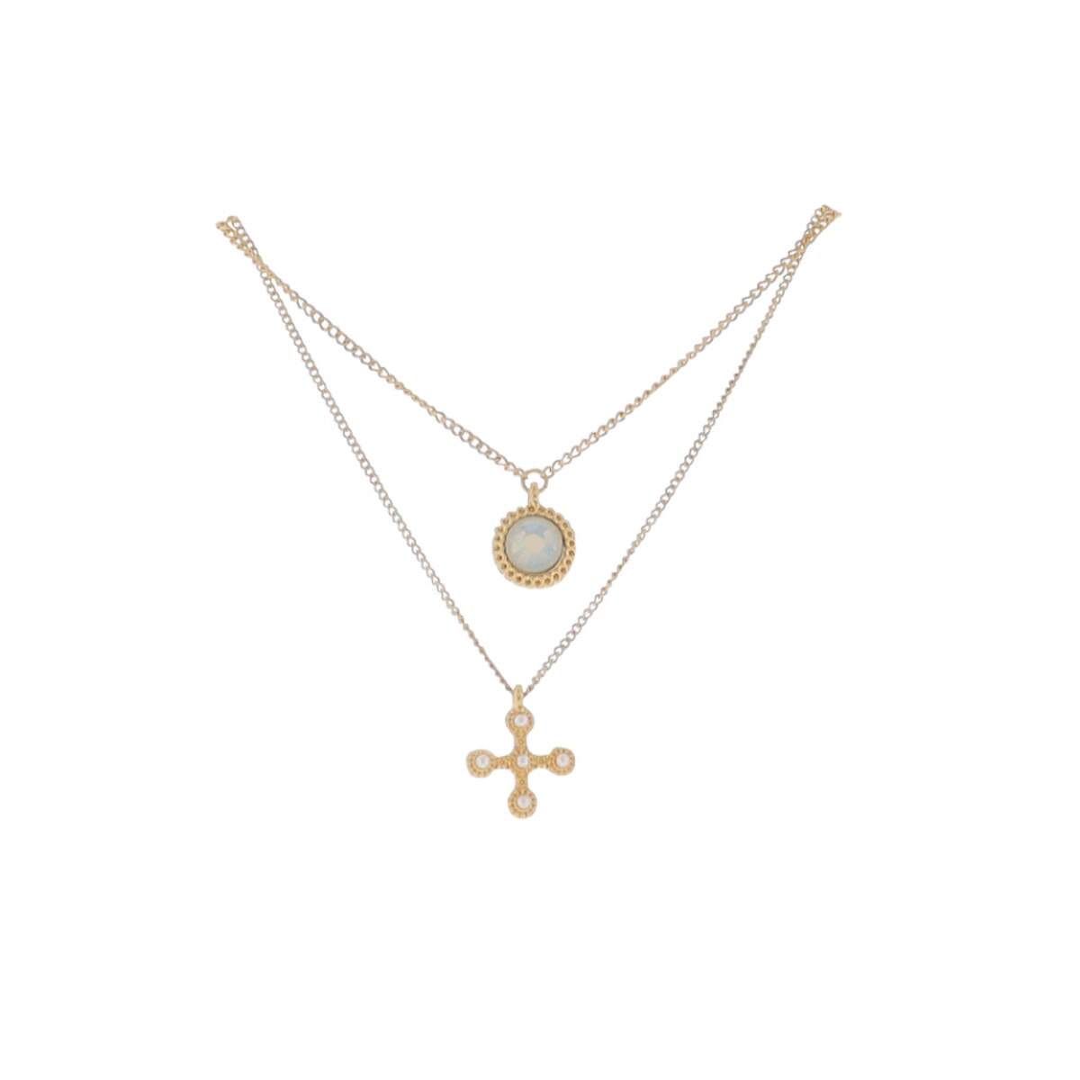 Ruth 2-Layer “Waymaker” Necklace – Gold Curb Chain with Opal Circle & Pearl Cross (16" + 3" Ext)