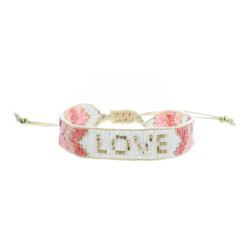 Ivory & Pink “LOVE” Beaded Band Bracelet – Woven Adjustable Bracelet (0.75" Wide)