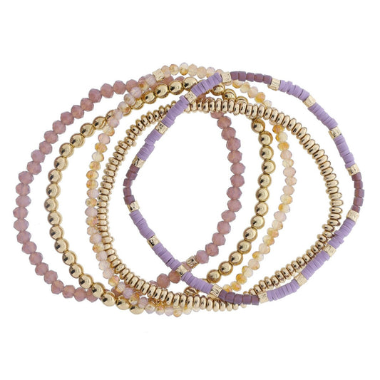 Cheyanne Stack – Set of 5 Purple, Lavender & Gold Beaded Bracelets (8")