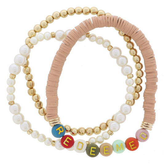 “REDEEMED” Beaded Bracelet Stack – Set of 3 with Pearl, Gold & Neutral Tones (7.5")