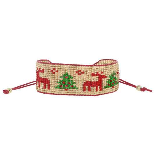 Holiday Reindeer & Christmas Tree Beaded Bracelet – Gold Bead Band on Red Adjustable Cord