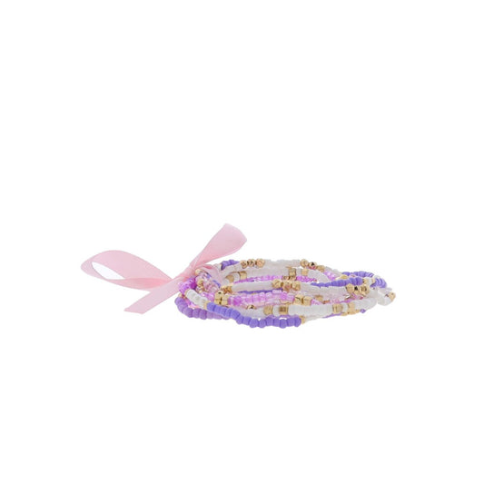 Winslet Bracelet Set – Purple, Lavender, White & Gold Beaded Stretch Bracelets (7")