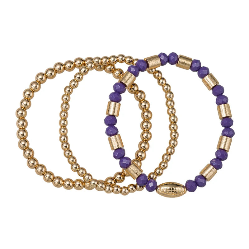 Purple & Gold Football Beaded Stretch Bracelet Set – Set of 3