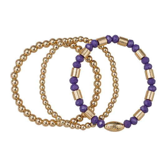 Purple & Gold Football Beaded Stretch Bracelet Set – Set of 3