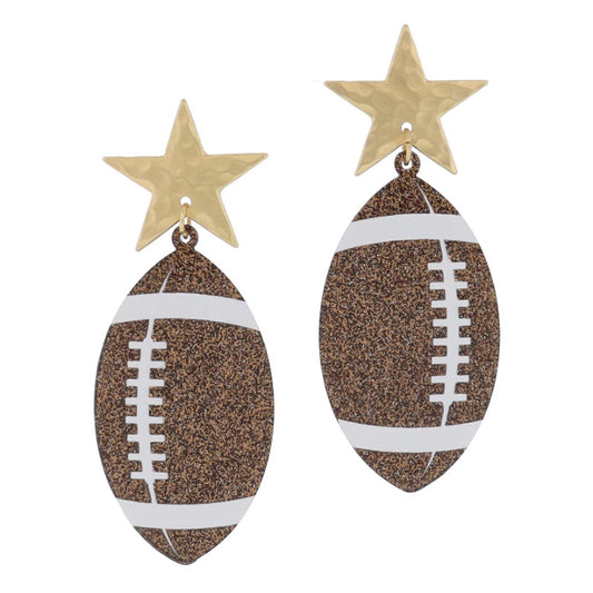 Gold Star Post + Brown Glitter Football Earrings