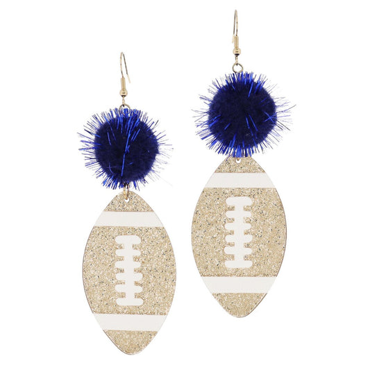 Navy Tinsel Pom + Gold Glitter Football Earrings