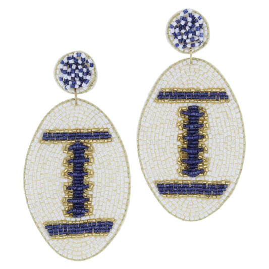 Navy, Ivory & Gold Beaded Football Earrings