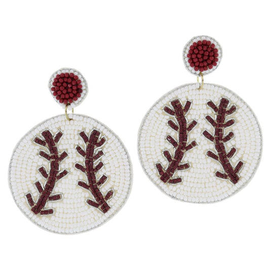 Maroon Beaded Baseball Earrings