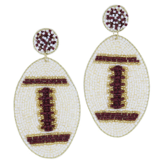 Maroon, Ivory & Gold Beaded Football Earrings