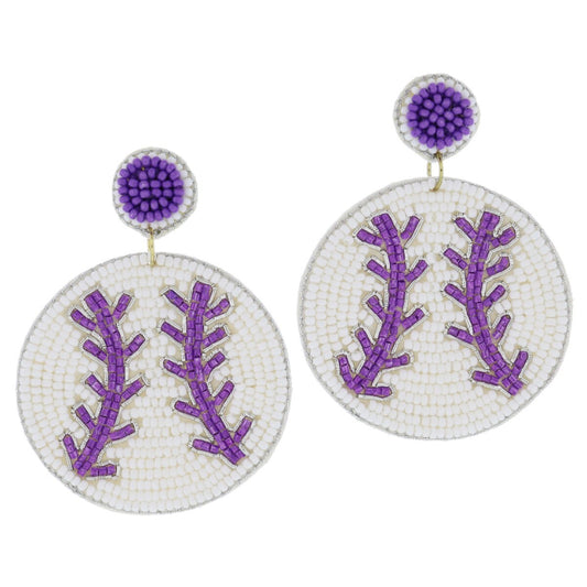 Purple Beaded Baseball Earrings
