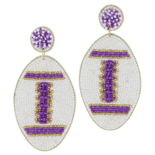 Purple, Ivory & Gold Beaded Football Earrings