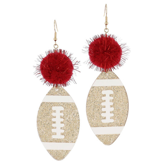 Red Tinsel Pom + Gold Glitter Football Earrings