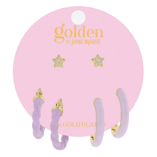 Golden Trio! 18K Gold Plated Star Stud, Lavender Twist Huggie, Lavender Huggie Earrings