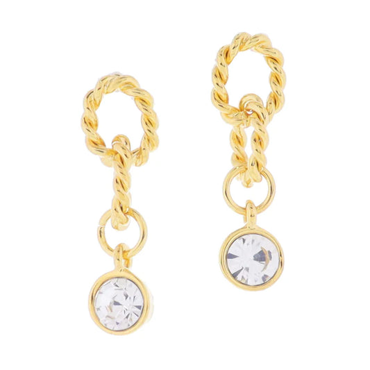 18K Gold Plated Twist Oval Link Earrings with Clear Crystal Dangle