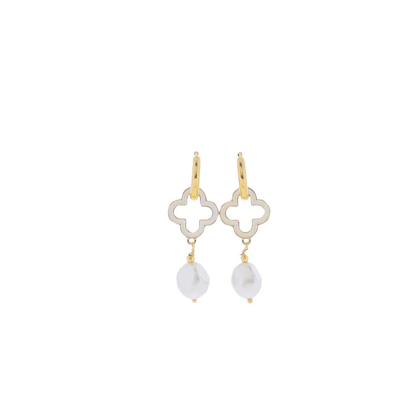 18K Gold Plated Huggie Earrings with White Enamel Quatrefoil & Pearl Drop