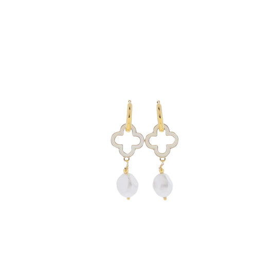18K Gold Plated Huggie Earrings with White Enamel Quatrefoil & Pearl Drop