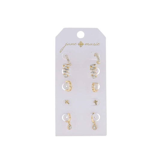 Take Five! Earring Set – Gold Huggies, Crystals, Cross & Floral Studs (Set of 5)