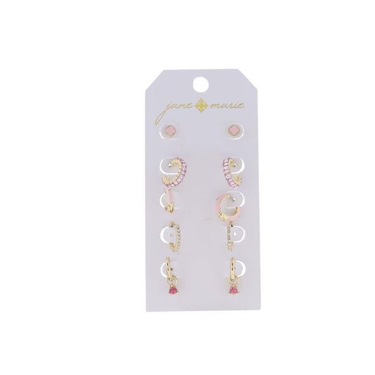 Take Five! Earring Set – Pink Crystal & Gold Huggies (Set of 5)