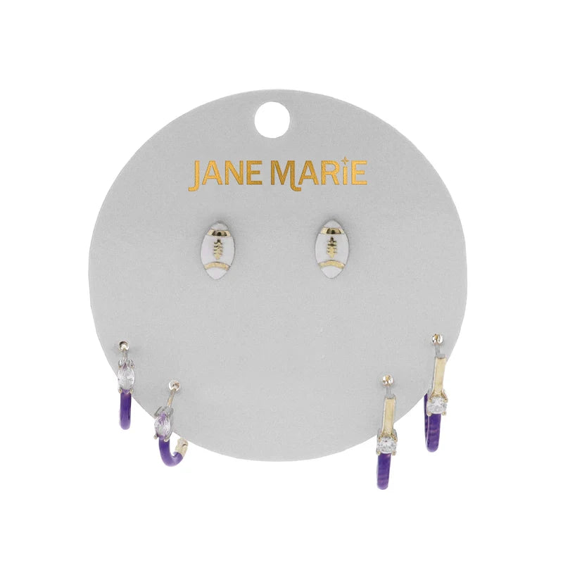 Purple & Gold Football Earrings Set – 3 Pairs