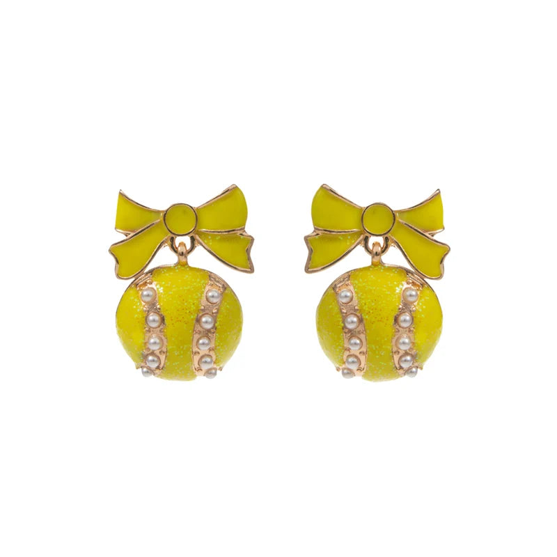 Yellow Tennis Ball Dangle Earrings with Bow & Pearl Accents