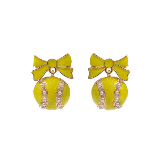 Yellow Tennis Ball Dangle Earrings with Bow & Pearl Accents