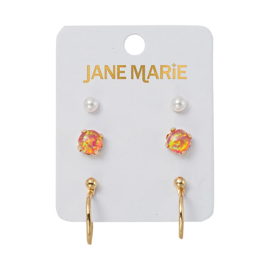 Darlin’ Set of 3 Pearl, Pink Opal & Gold Hoop Flat Screw Back Earrings
