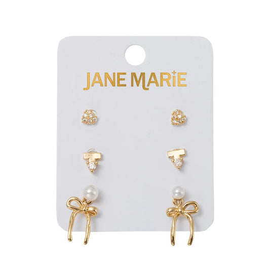 Darlin’ Set of 3 Crystal Heart, Bar & Pearl Bow Stud Earrings – Gold