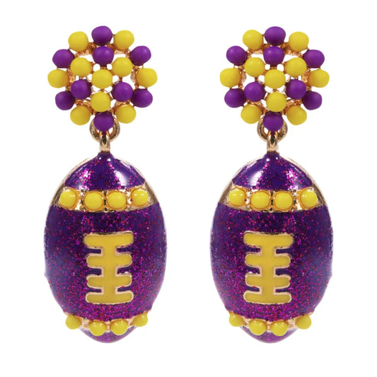 Purple & Gold Glitter Football Earrings – Game Day Statement Earrings