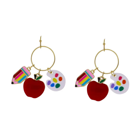 Jane Marie Teacher Charm Hoop Earrings – Apple, Pencil & Art Palette