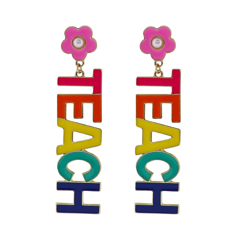 Jane Marie Rainbow TEACH Dangle Earrings – Pink Flower Teacher Earrings