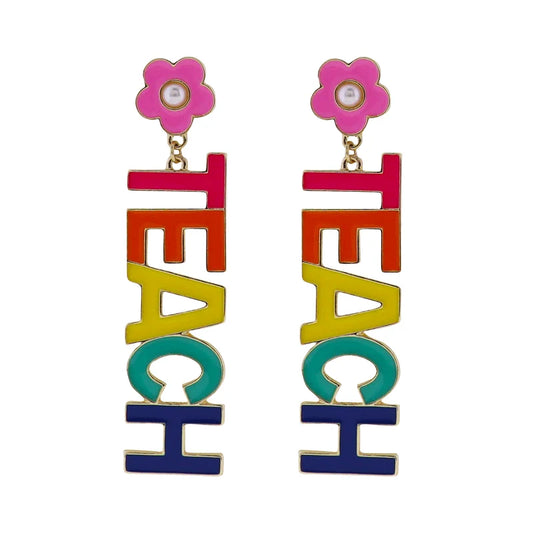Jane Marie Rainbow TEACH Dangle Earrings – Pink Flower Teacher Earrings