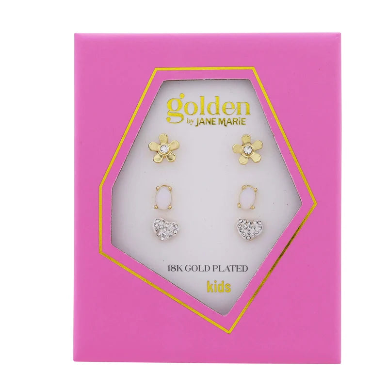 Jane Marie Kids 18K Gold Plated Stud Earrings – Flower, Opal & Crystal Heart 3-Pair Set