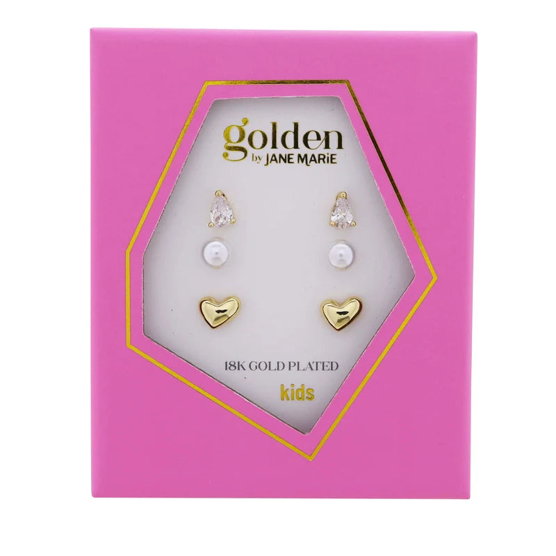 Jane Marie Kids 18K Gold Plated Stud Earrings – Crystal Teardrop, Pearl & Gold Heart 3-Pair Set