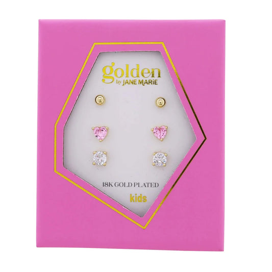 Jane Marie Kids 18K Gold Plated Stud Earrings – Gold Ball, Pink Crystal Heart & Clear Crystal 3-Pair Set
