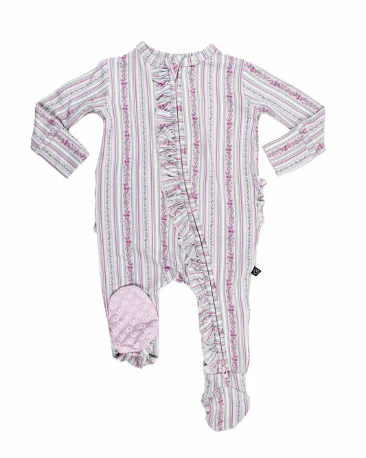 Josephine Ruffled Zippered Footie – Bamboo Baby Sleeper with Floral Print & Heart Grips
