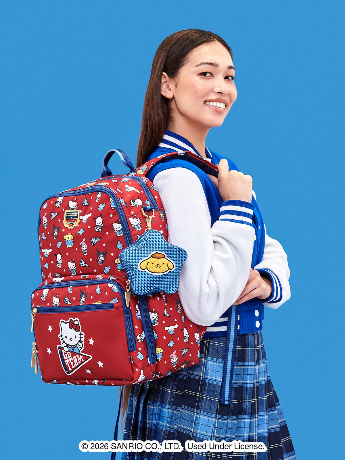 Hello Kitty® ×JuJuBe Varsity Star Mini Bag Clip-on Pouch Accessory – Dark Blue Houndstooth Featuring Pompompurin