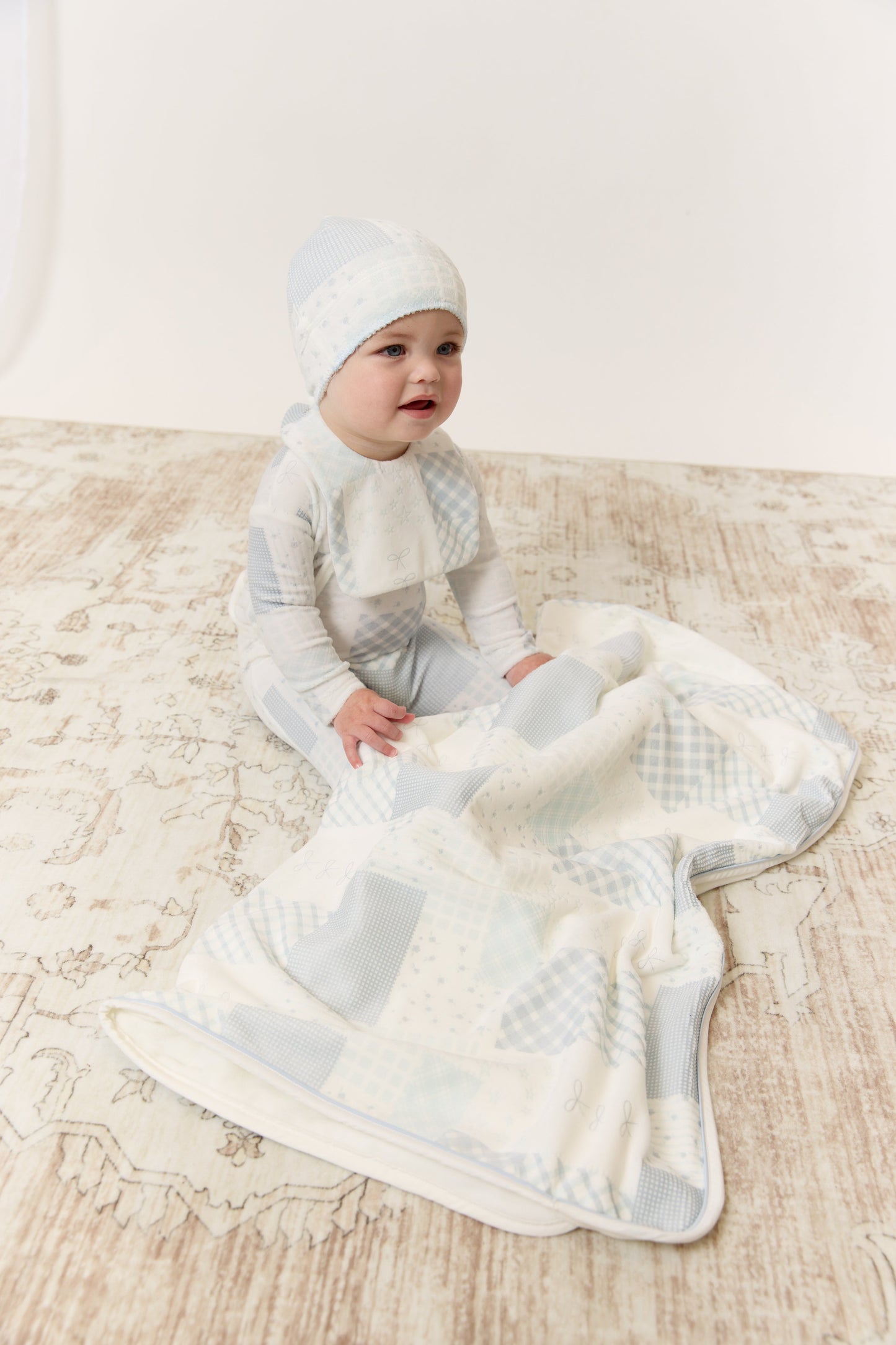 Patchwork Footie, Hat & Blanket Set - Blue