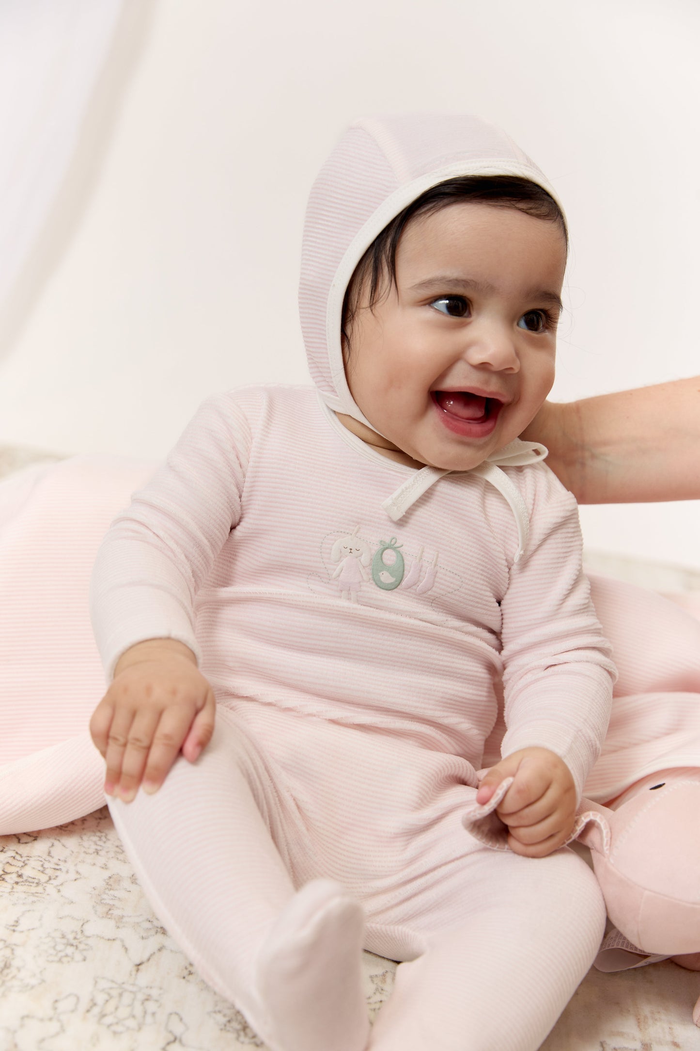 Bunny Stripe Footie, Hat & Blanket Set - Pink