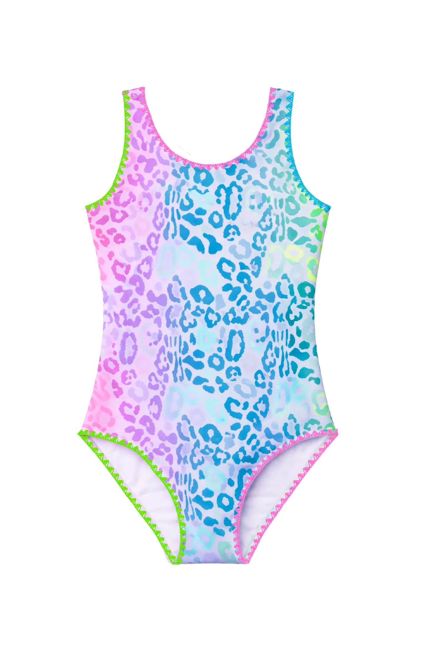 Girls Pastel Leopard One Piece Swimsuit with Embroidered Trim | Bossier City Boutique