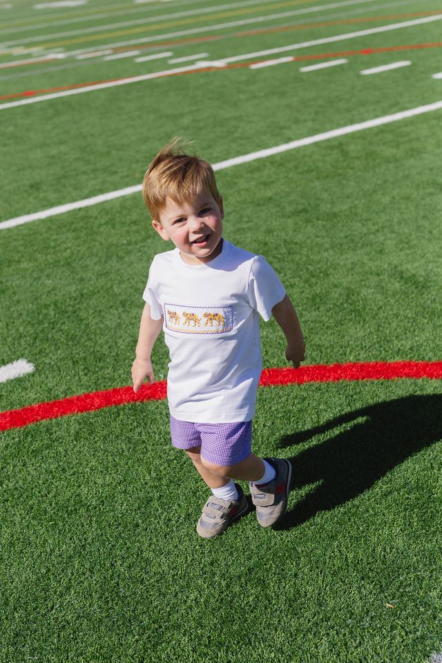 Boys Purple Tiger Smocked Short Set – LSU-Inspired Boys Game Day Outfit | The Prissy Pelican Boutique Bossier City, LA