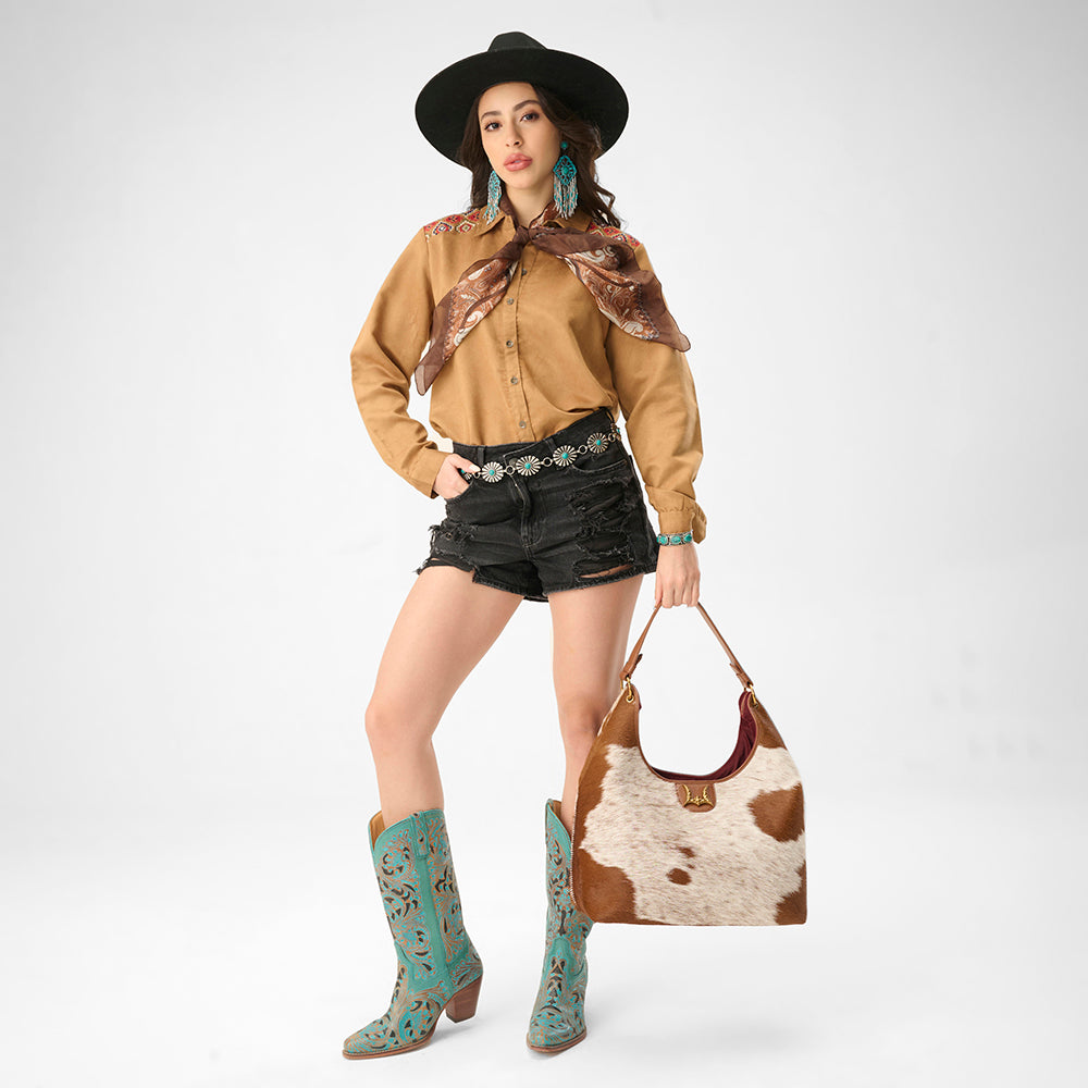 Loyal West LW LARGE PURSE - IN BROWN & WHITE COWHIDE & CALFSKIN