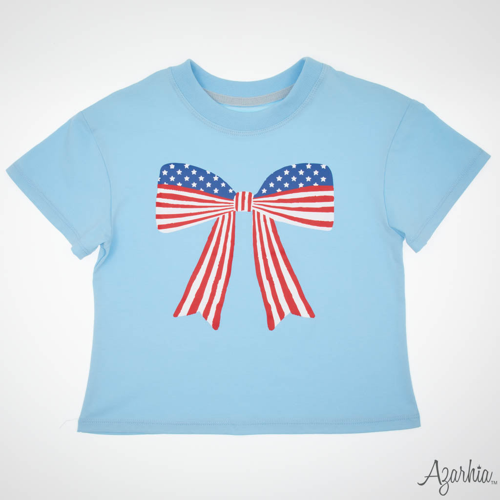 America Bow Screen Print on Light Blue Boxy T