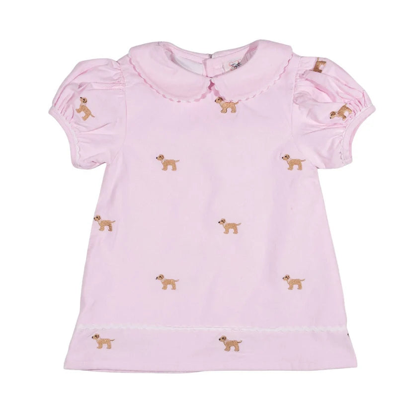 Girls Pink Embroidered Dog Corduroy Dress | Peter Pan Collar