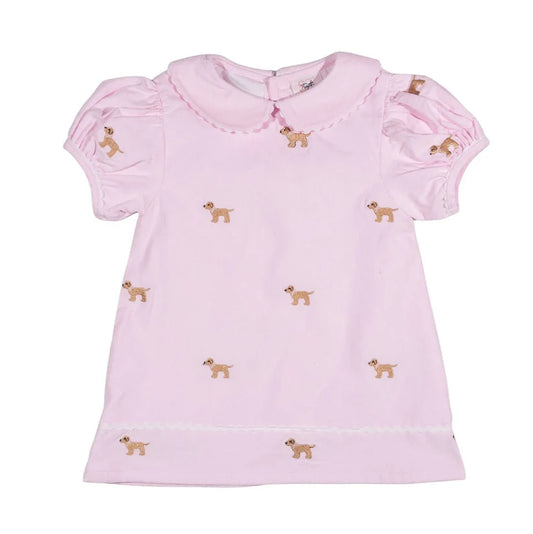 Girls Pink Embroidered Dog Corduroy Dress | Peter Pan Collar