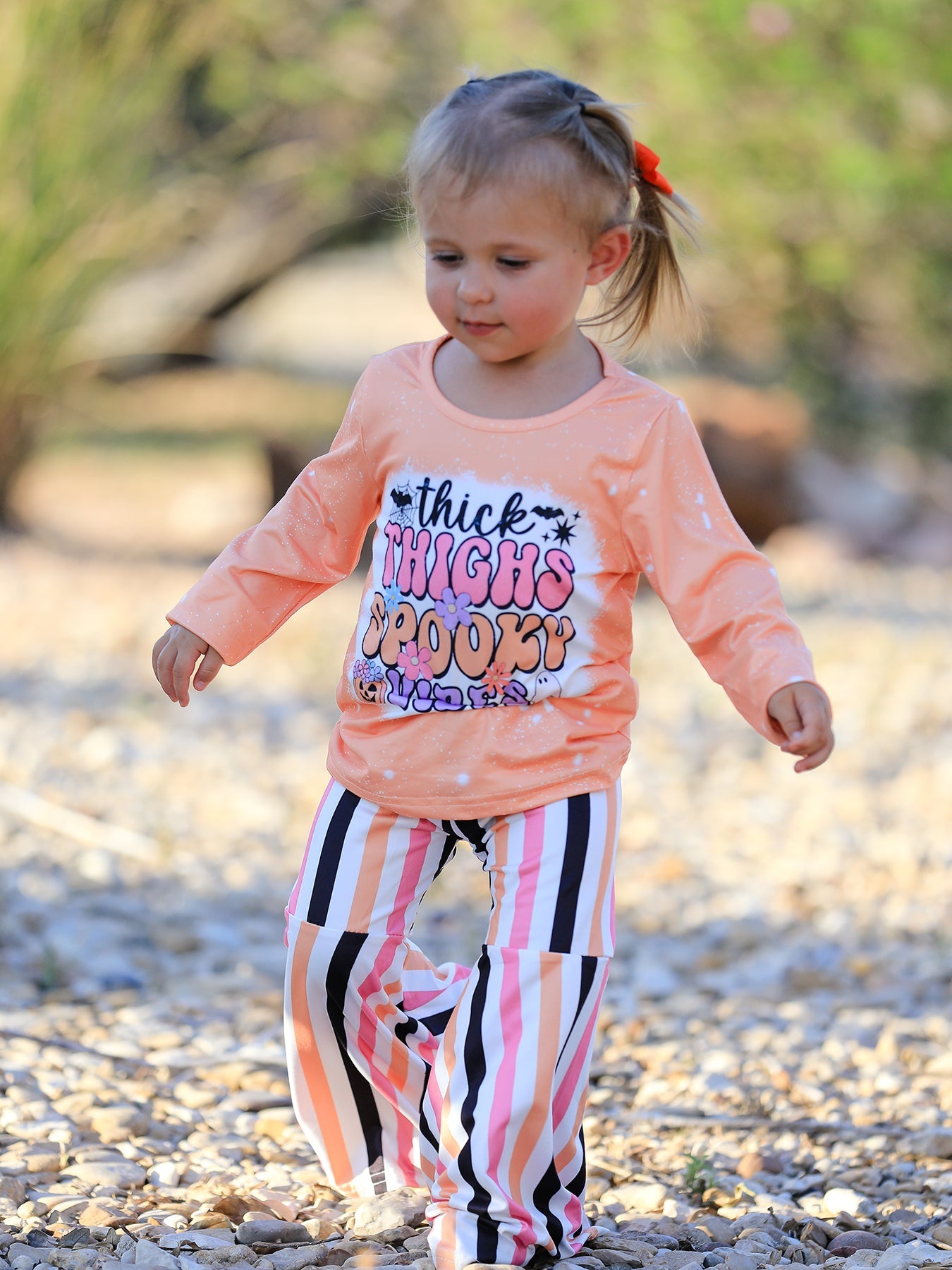Halloween Letter Bleached Top + Striped Flared Pants