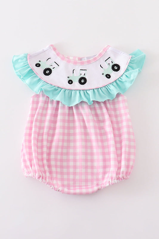 Pink tractor embroidery plaid girl bubble